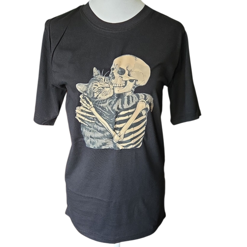 Black Graphic Tee with Skeleton and Cat Design